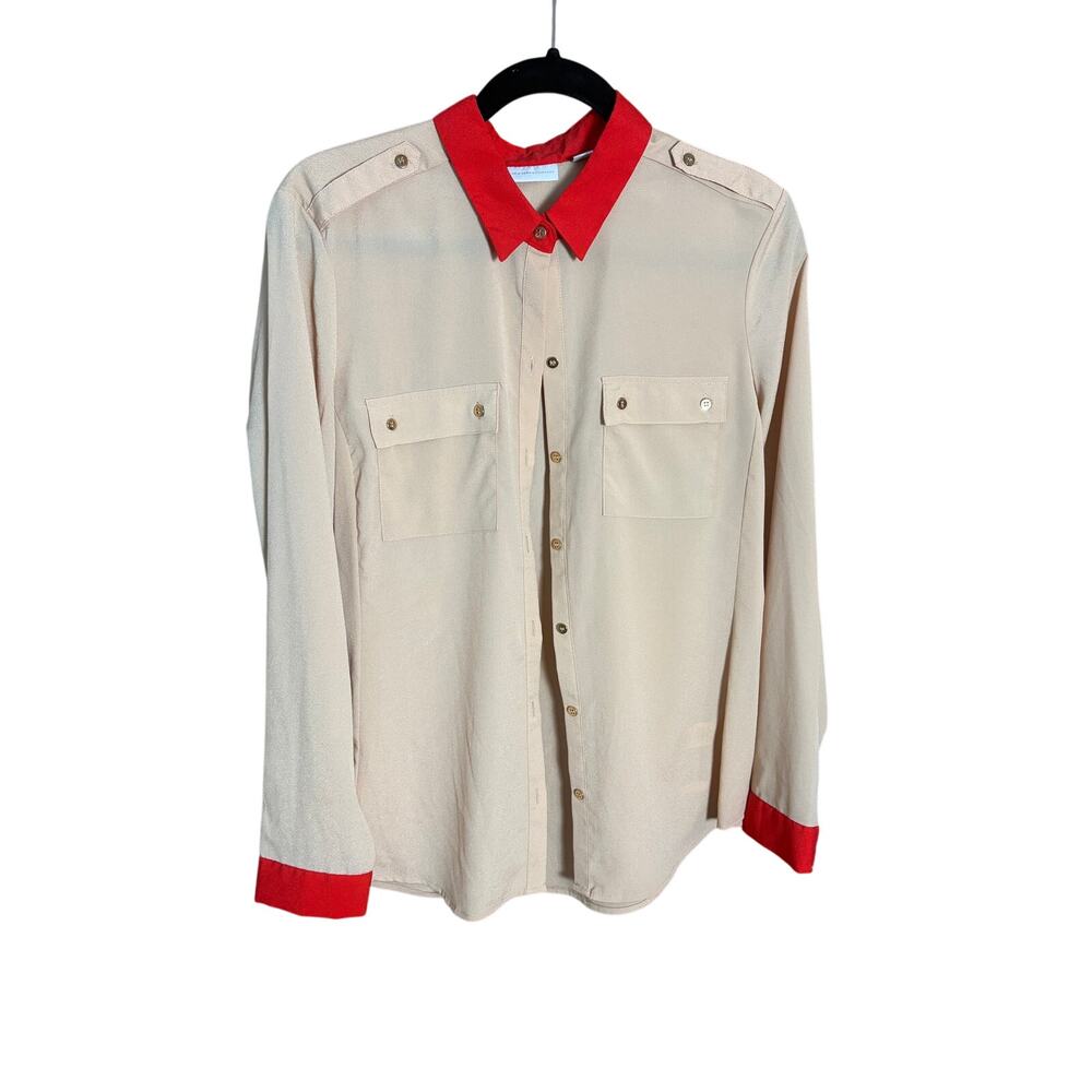 New York and Company Colorblock Blouse Red Collar Cuff Button Down Shirt Women L